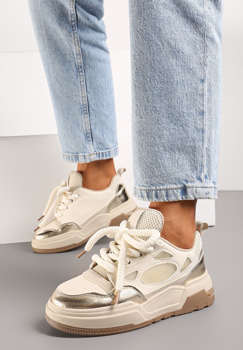 Beżowe Sneakersy na Niskiej Platformie z Grubymi Sznurowadłami Vansyla