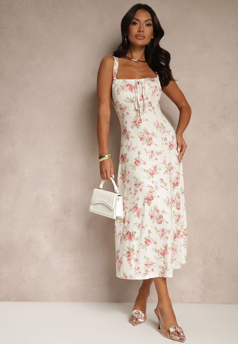 Beżowo-Różowa Sukienka w Kwiatowy Wzór z Kwadratowym Dekoltem Firaseve