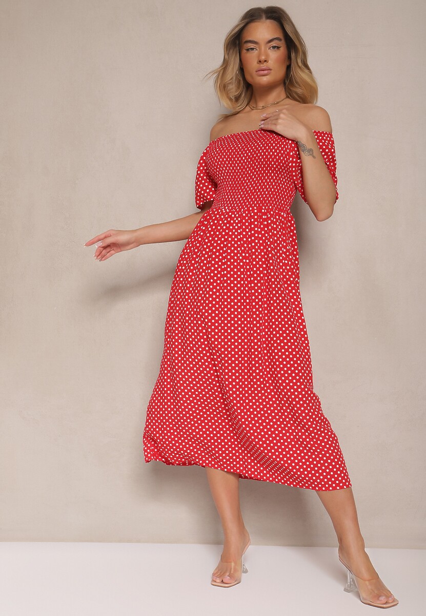 Biała Bawełniana Sukienka o Rozkloszowanym Kroju Zdobiona Printem w Groszki Lisanovia