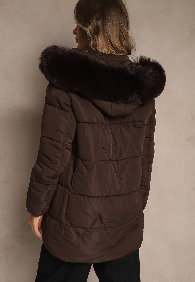 Brązowa Klasyczna Kurtka z Pikowanymi Przeszyciami i Kapturem z Futrem Mundrie