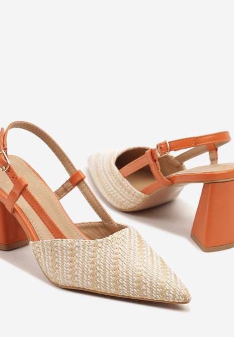 Beżowo-Pomarańczowe Sandały na Słupku Typu Slingback Ozdobione Plecionką Koralisa