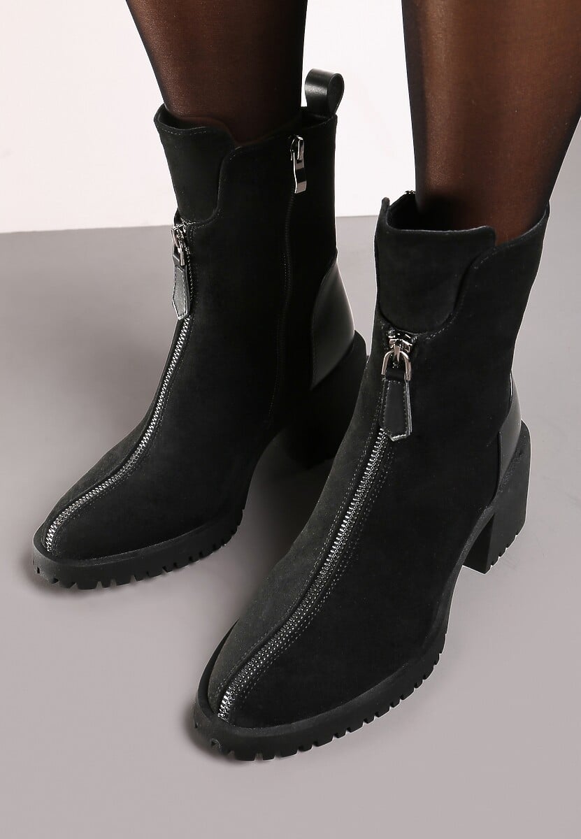 Czarne Botki na Słupku z Ozdobnym Suwakiem i Lekkim Ociepleniem Rexitha