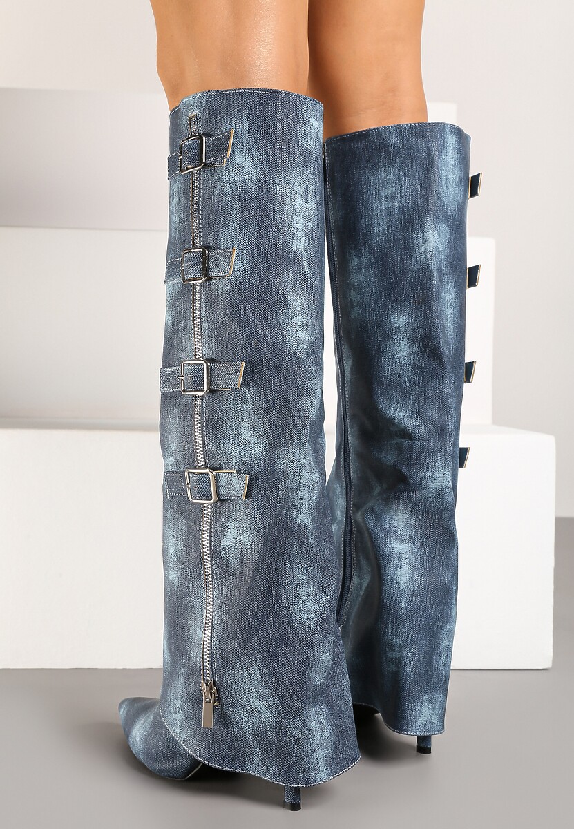 Niebieskie Kozaki Jeansowe na Szpilce z Klamrami na Wywiniętej Cholewce Riaviraen