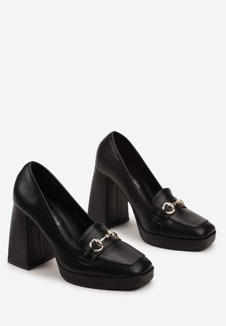 Czarne Czółenka na Wysokim Słupku z Platformą i Metalową Klamerką Paliotte