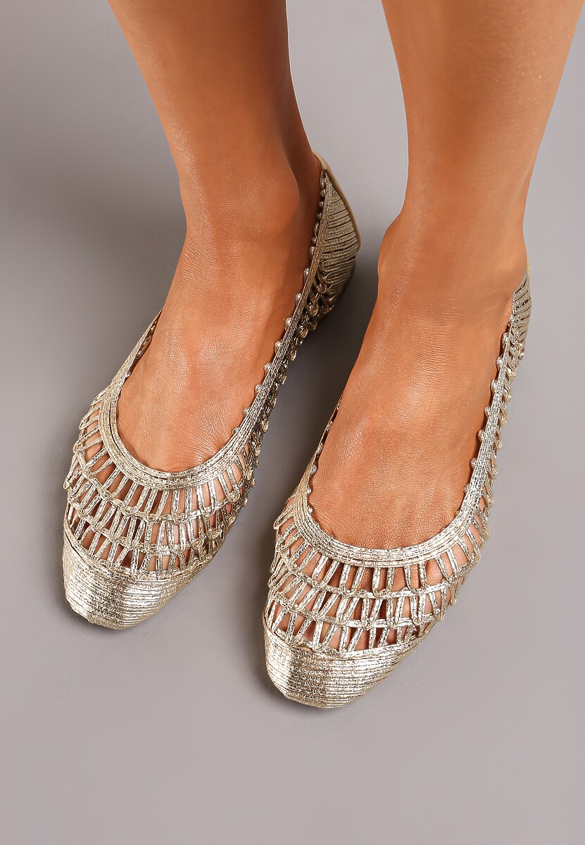 Beżowe Płaskie Balerinki z Imitacji Skóry o Ażurowym Wykończeniu Yines