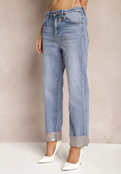 Jasnoniebieskie Jeansy Regular z Bawełny Ozdobione Połyskiem z Podwijanymi Nogawkami Frisala