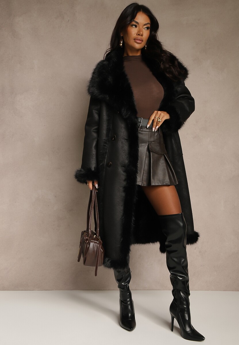 Czarny Dwurzędowy Płaszcz Futerko o Dwustronnym Kroju z Kołnierzem Nalaneva
