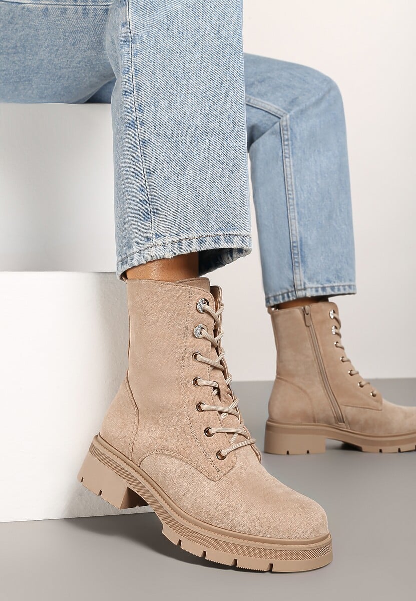 Ciemnobeżowe Botki Typu Workery z Ekozamszu z Futrzaną Wyściółką Resimora