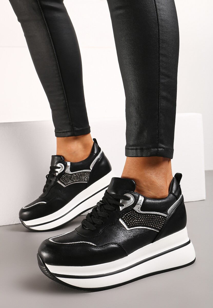 Czarne Sneakersy na Platformie z Cyrkoniami na Boku Oarema