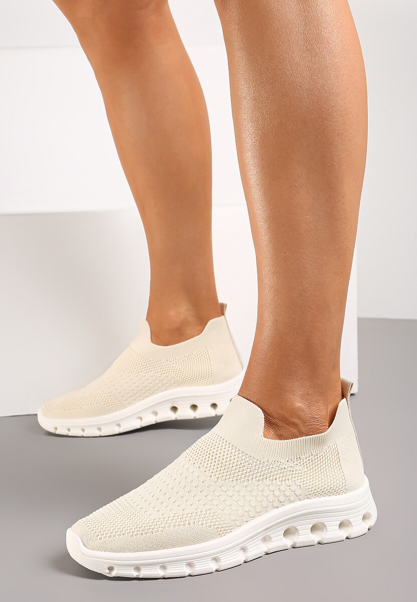 Beżowe Wsuwane Buty Sportowe z Elastyczną Cholewką do Kostki Asigruna