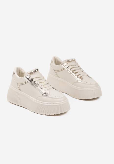 Beżowe Sneakersy na Platformie Ozdobione Przeszyciami Tatoretia