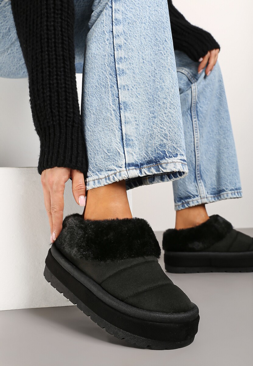 Beżowe Niskie Śniegowce Ekozamszowe na Platformie z Pikowaniem i Futerkiem Realira