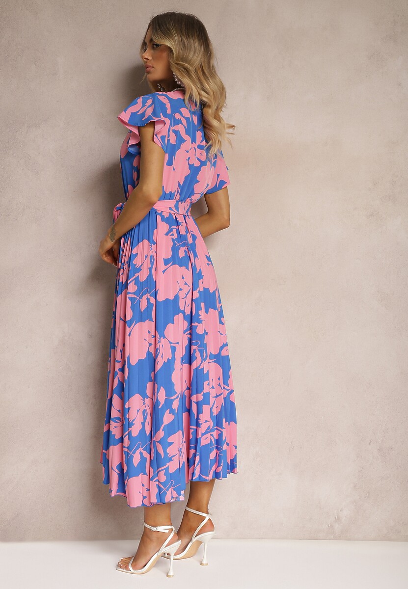 Niebiesko-Różowa Kopertowa Plisowana Sukienka Koktajlowa z Gumką i Paskiem w Talii Benelsea