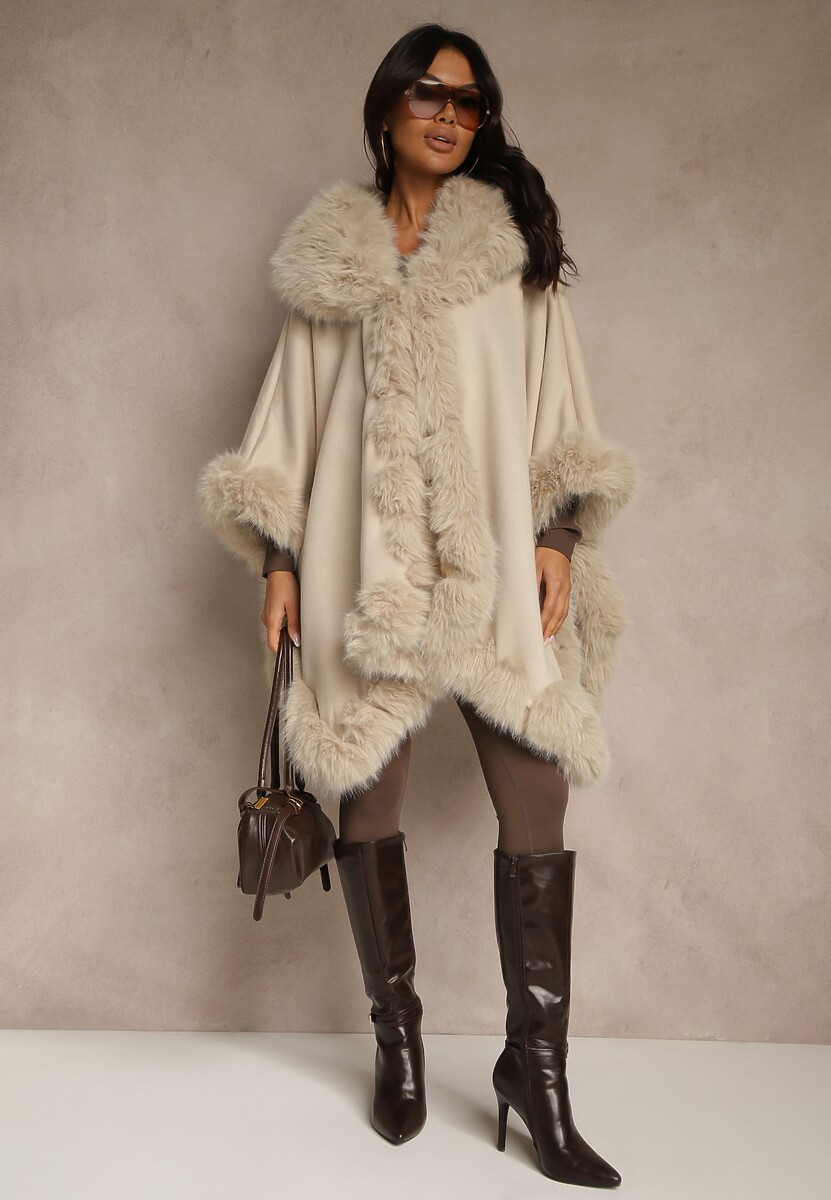 Beżowe Ponczo z Wełną i Wiskozą Obszyte Futerkiem Tevissa