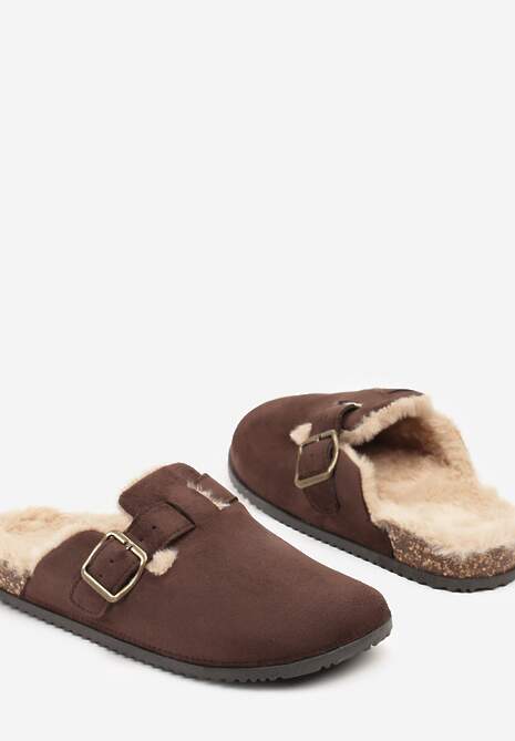 Brązowe Kapcie Typu Chodaki na Podeszwie z Korka Ozdobione Klamrą Alanelle