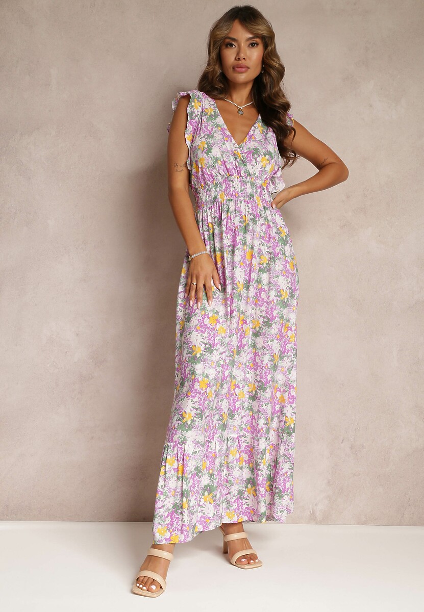 Fioletowa Wiskozowa Rozkloszowana Sukienka z Gumką w Talii Jasa