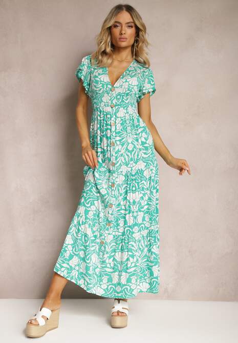 Miętowa Maxi Sukienka Rozkloszowana z Kopertowym Dekoltem w Kwiatowy Wzór Leivori