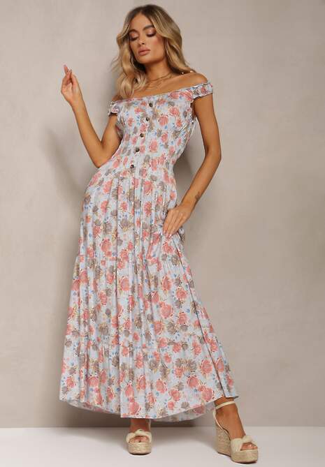 Jasnoniebieska Kwiecista Sukienka Rozkloszowana z Bawełny na Ramiączkach Kalassia