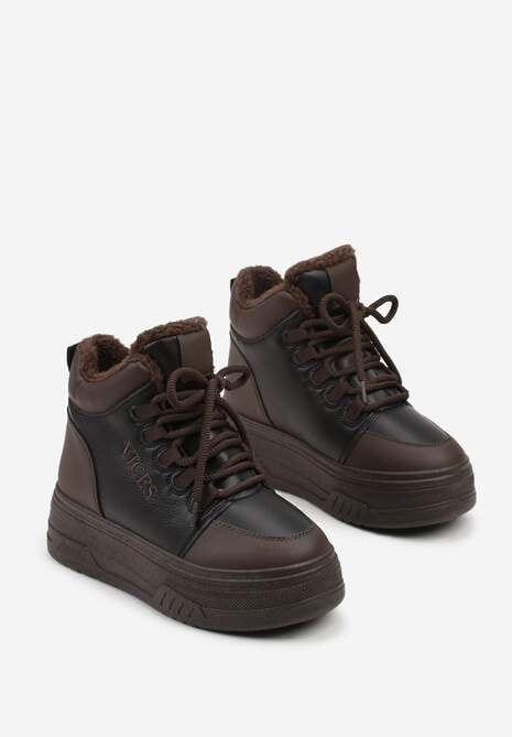 Czarno-Brązowe Sneakersy Śniegowce Vices na Tłoczonej Platformie z Napisem Olinnea