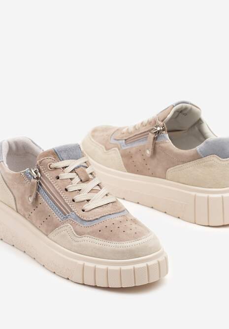 Beżowo-Niebieski Streetwearowe Sneakersy ze Skóry Naturalnej z Ozdobnym Suwakiem Eleavenna