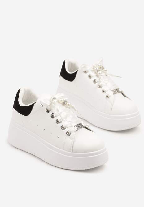 Biało-Czarne Sneakersy na Platformie Ozdobione Cyrkoniami Vivalle