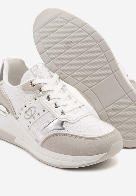 Białe Sneakersy na Ukrytym Koturnie z Koronką i Metalicznymi Wstawkami Edililia