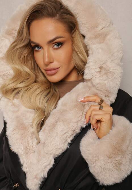 Czarno-Beżowa Kurtka Parka z Paskiem w Talii i Kapturem z Futerkiem Hizontia