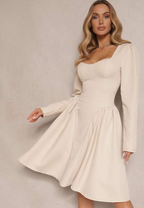 Beżowa Sukienka o Rozkloszowanym Kroju z Gorsetową Górą Tillitte