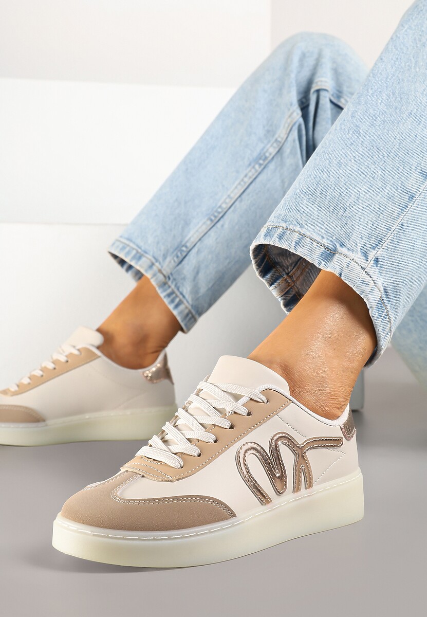 Ciemnobeżowe Sneakersy Klasyczne Tenisówki z Abstrakcyjną Aplikacją Ailinne