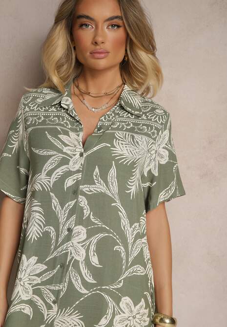 Ciemnozielona Sukienka o Koszulowym Fasonie w Kwiaty z Wiskozy Erathia