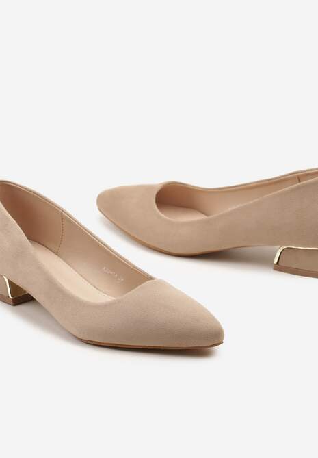 Ciemnobeżowe Czółenka na Słupku Ozdobione Metaliczną Ozdobą Panesha