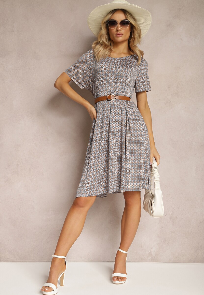 Niebiesko-Beżowa Sukienka Mini z Wiskozy z Rozkloszowanym Dołem Lontassa