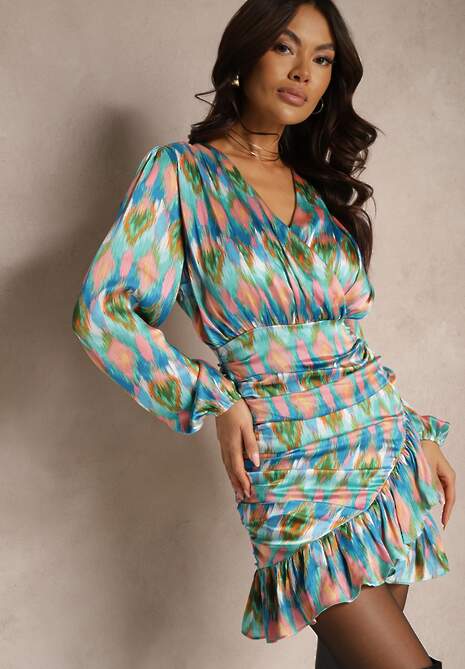 Niebiesko-Zielona Mini Sukienka Marszczona z Falbankami o Dopasowanym Kroju z Kopertowym Dekoltem Aragnila