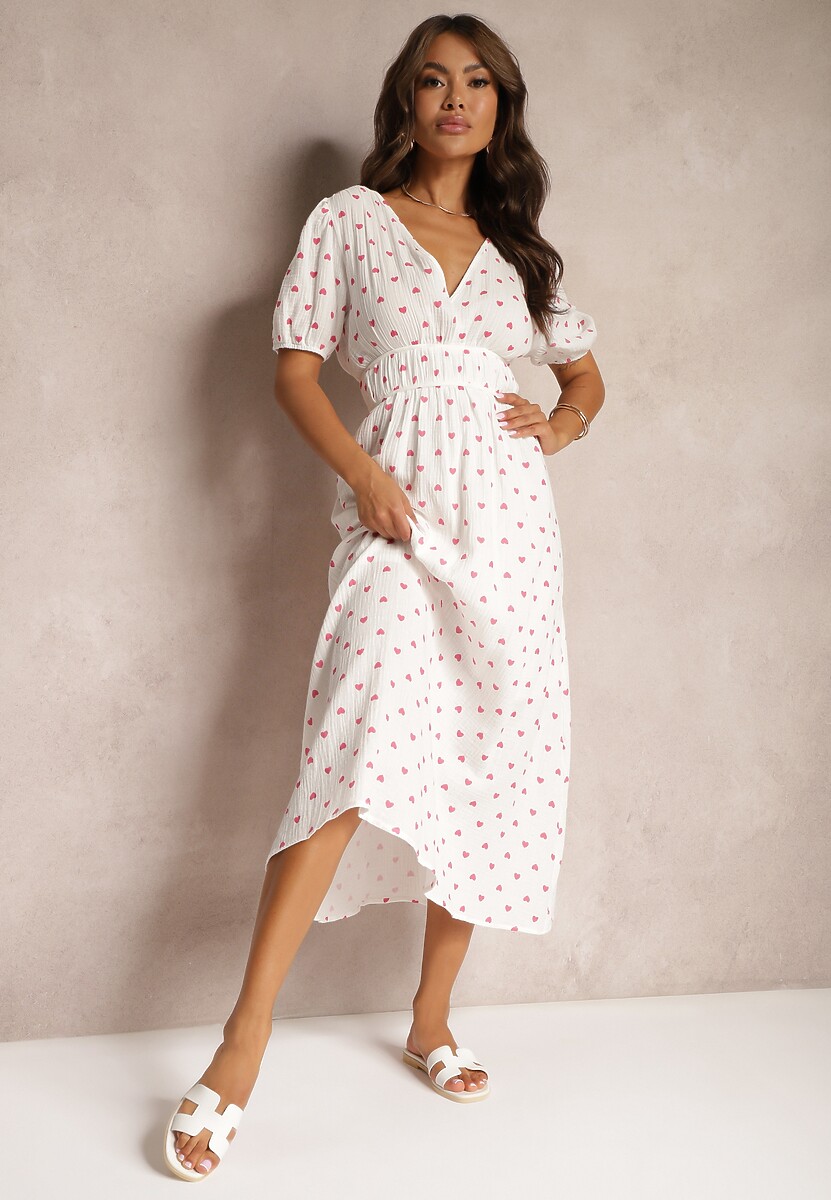 Biała Taliowana Sukienka z Bawełny z Gumką w Talii i Odkrytymi Plecami Wedrea