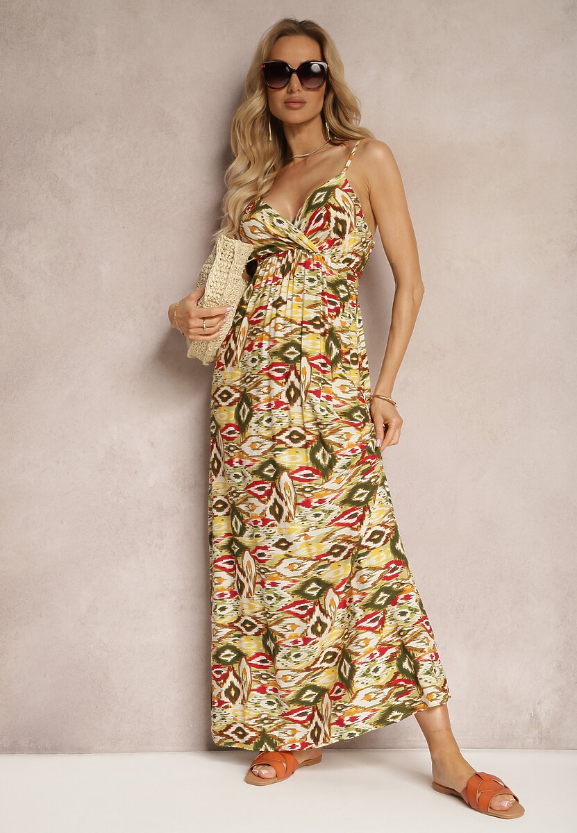 Żółto-Zielona Wiskozowa Sukienka z Dekoltem w Serek z Regulowanymi Ramiączkami i Gumką w Talii Bellastar