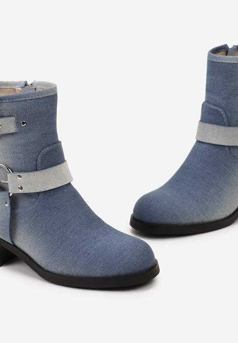 Niebieskie Botki Bikery Ozdobione Paskami i Okrągłą Klamrą Warasa