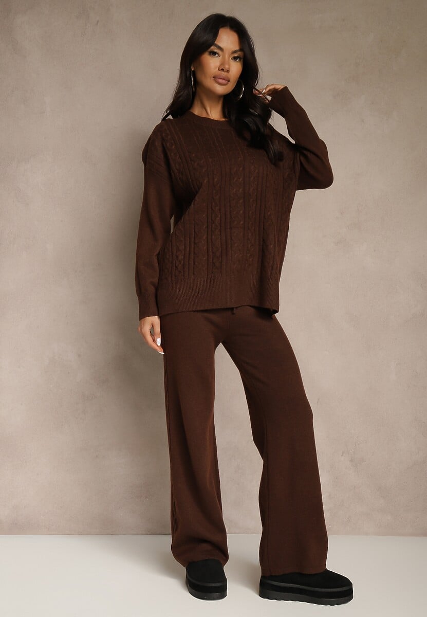 Brązowy Dzianinowy Komplet z Wełną w Warkoczowy Splot Spodnie i Sweter Reinette