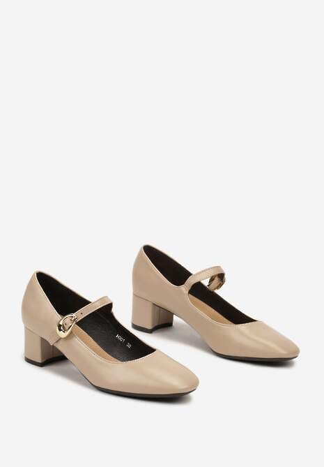 Beżowe Czółenka w Stylu Mary Jane na Słupku Daithara