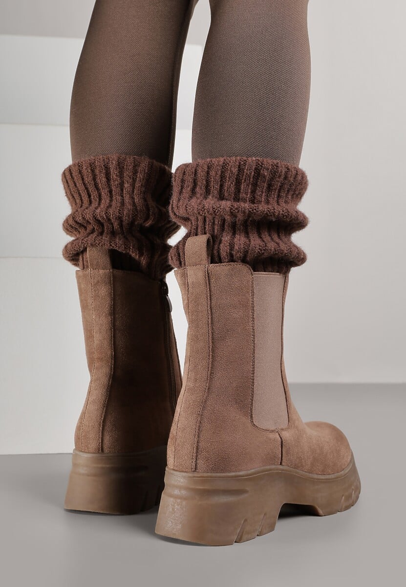Ciemnobeżowe Botki Sztyblety na Platformie z Elastyczną Cholewką Mavita