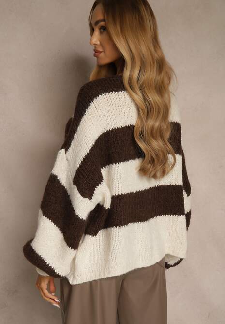 Brązowy Oversizowy Kardigan w Paski z Wiązaniem z Domieszką Wełny i Wiskozy Retile