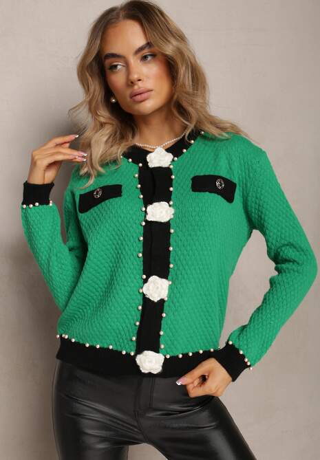 Zielony Kardigan z Wiskozy o Klasycznym Fasonie z Perłami i Kwiatami Kallu