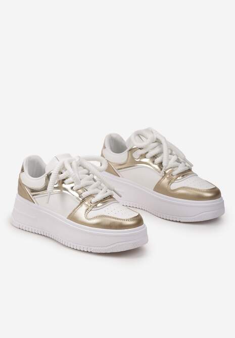 Biało-Złote Sneakersy z Cholewką z Licznymi Wstawkami na Grubej Podeszwie Lenarise