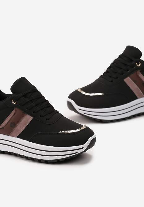 Czarne Sneakersy z Dekoracyjnymi Wstawkami na Platformie w Paski Letorra