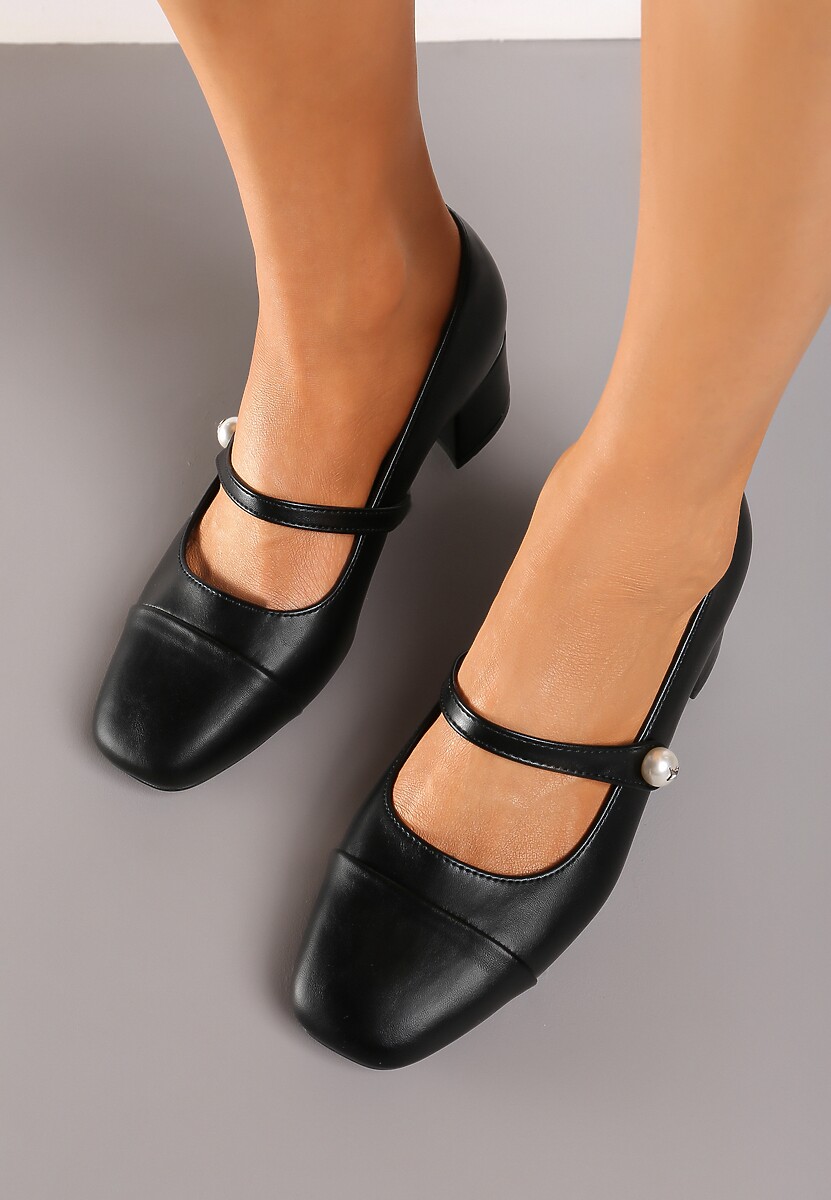 Czarne Czółenka na Słupku Wykończone Paskiem z Perełką i Metaliczną Wstawką Milanea