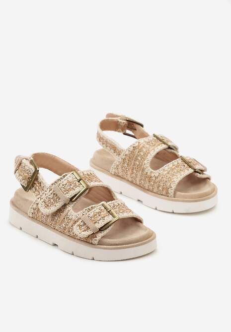 Ciemnobeżowe Sandały na Niskiej Platformie ze Sprzączkami Obisina