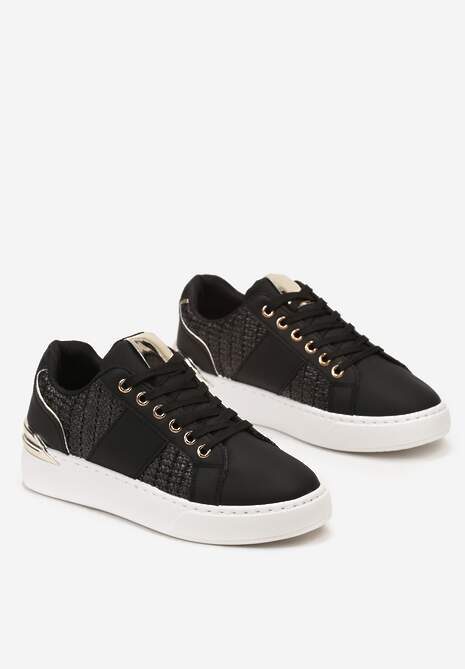 Czarne Sznurowane Sneakersy z Ekoskóry z Plecionką i Metaliczną Wstawką Josephina