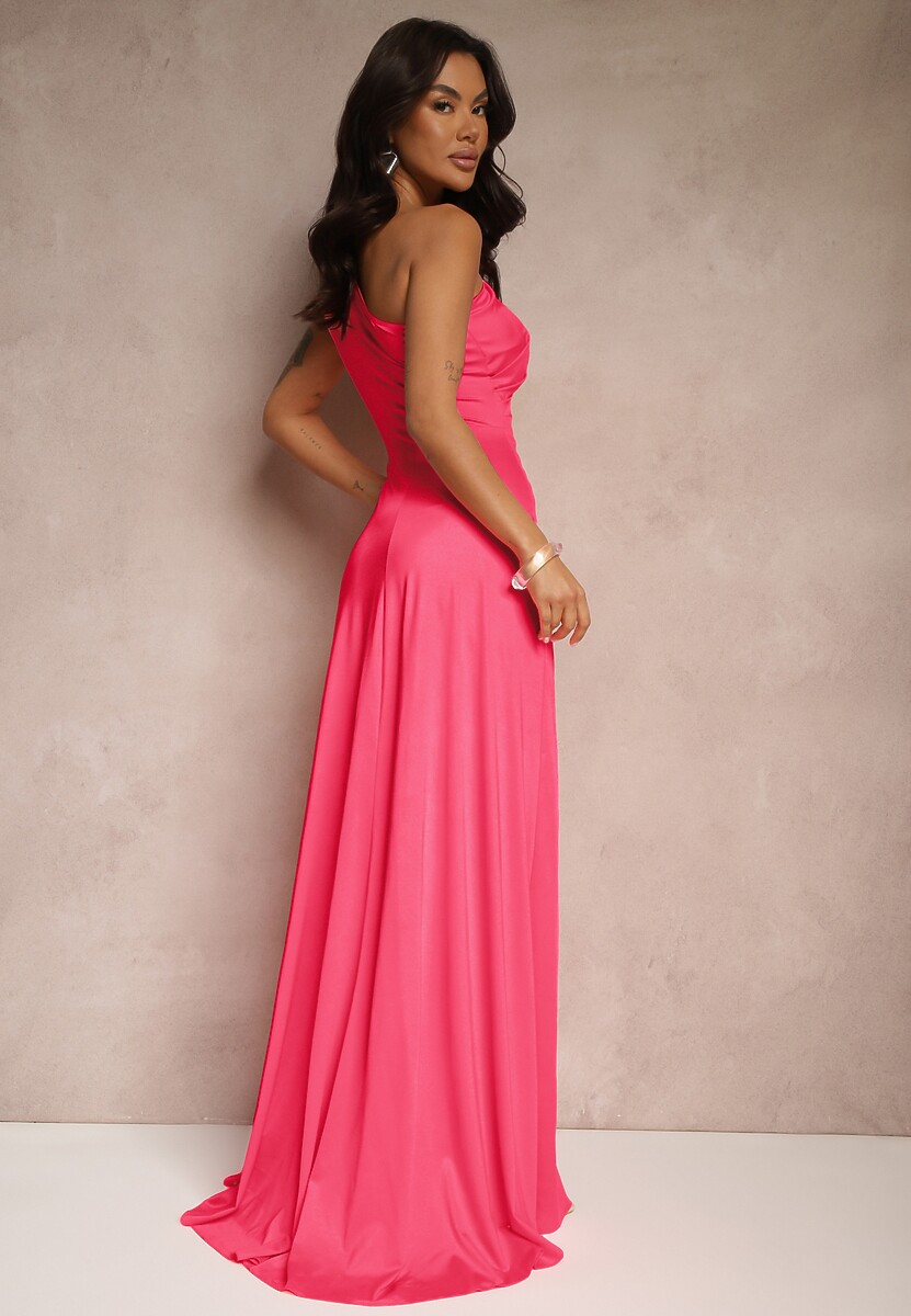 Różowa Marszczona Sukienka o Asymetrycznym Kroju z Rozcięciem Taliona