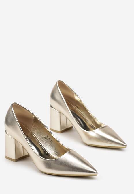 Złote Czółenka z Ekoskóry na Geometrycznym Słupku Nerolia