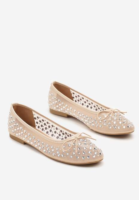 Beżowe Siateczkowe Balerinki Zdobione Cyrkoniami i Kokardką Revia