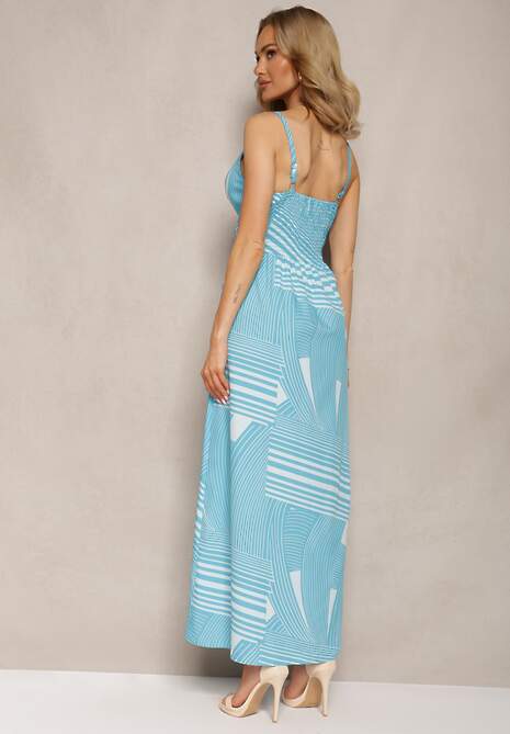 Niebieska Sukienka z Regulowanymi Ramiączkami z Gumkami z Tyłu i Rozcięciami Fatoria